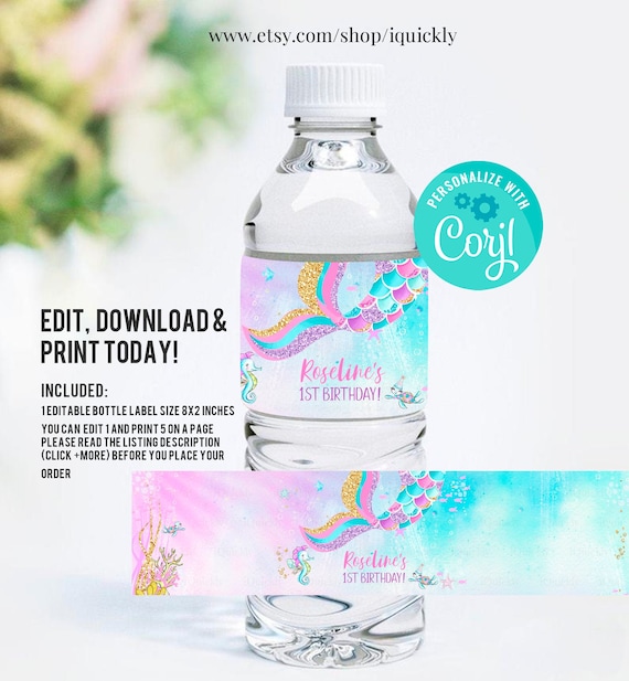 EDITABLE Mermaid birthday Water bottle label, Mermaids Bottle Label Decorations Under the sea