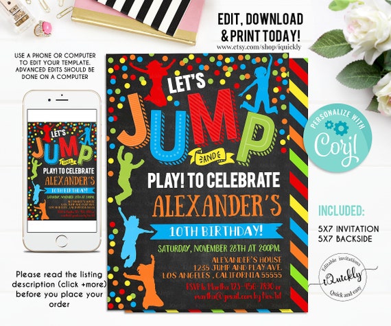 Jump Invitation, EDITABLE Jump Birthday Invitation Trampoline Party Bounce House Party Jump Party Let's Jump Party Instant Download Corjl Il_570xn