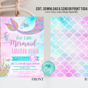 May include: A printable invitation for a little mermaid themed birthday party. The invitation features a mermaid tail with glitter, a seahorse, and a starfish. The text on the invitation reads "Our Little Mermaid Madison Olivia is turning 5".