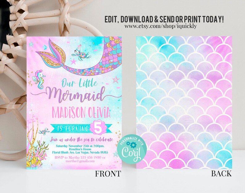 May include: A printable invitation for a little mermaid themed birthday party. The invitation features a mermaid tail with glitter, a seahorse, and a starfish. The text on the invitation reads "Our Little Mermaid Madison Olivia is turning 5".