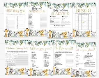 May include: Eight printable baby shower games featuring jungle animals with green and gold accents. The games include "ABC Baby Game", "Baby Word Scramble", "Baby Predictions & Advice", "Bingo", "Who Knows Mommy Best", "What's in Your Purse", "The Price is Right", and "What's on Your Phone?"