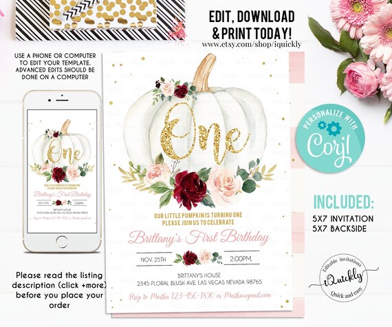 Pumpkin First Birthday Invitation Editable, Burgundy Girl 1st Pumpkin Invites, Fall, Autumn Invitations, Instant Download Template Printable Il_570xn