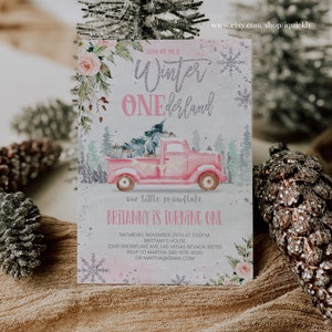 Editable Winter Onederland Winter First Birthday Invitation 1st Winter Pink Girl Silver Floral Truck Christmas Printable Template