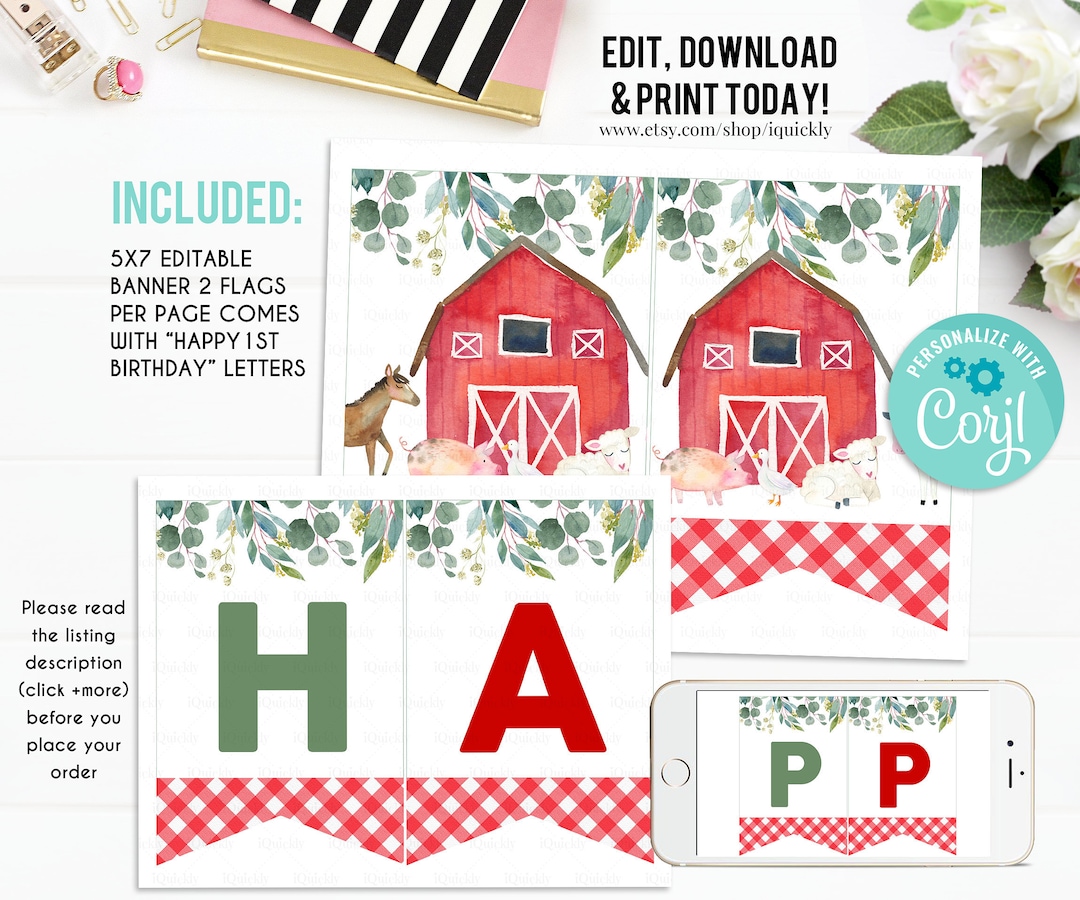 EDITABLE Farm Banner, Happy Birthday Banner, Boy Printable 1st Birthday ...