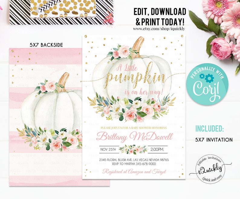 Editable Pumpkin Baby Shower Invitation Set Pink and Gold Etsy