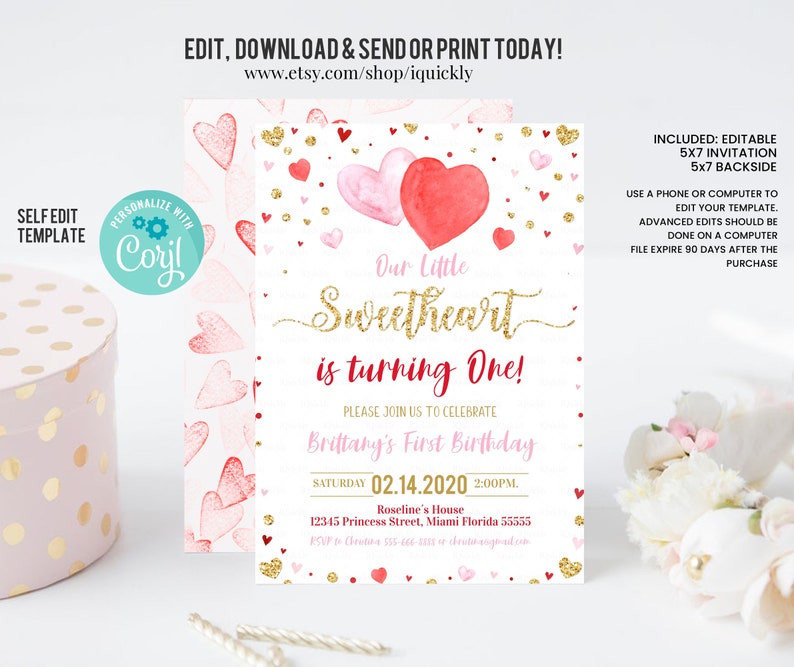 Editable Valentine Birthday Invitation Valentine Party Invitation Sweetheart First Birthday Invite 1st Heart Valentines Day Instant Download image 1