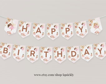 Happy Birthday Banner Fairy Party Girl Pink Garden Floral Birthday Party Decorations Instant download Printable Digital FA101