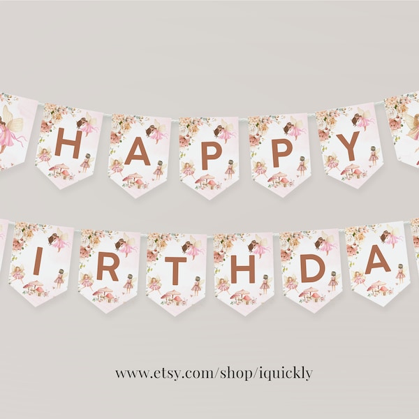 Happy Birthday Banner Fairy Party Girl Pink Garden Floral Birthday Party Decorations Instant download Printable Digital FA101