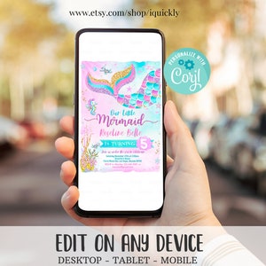 May include: A digital invitation for a mermaid-themed birthday party. The invitation features a pink, blue and green mermaid tail with gold glitter. The text reads "Our Little Mermaid Roseline Belle is turning 5".