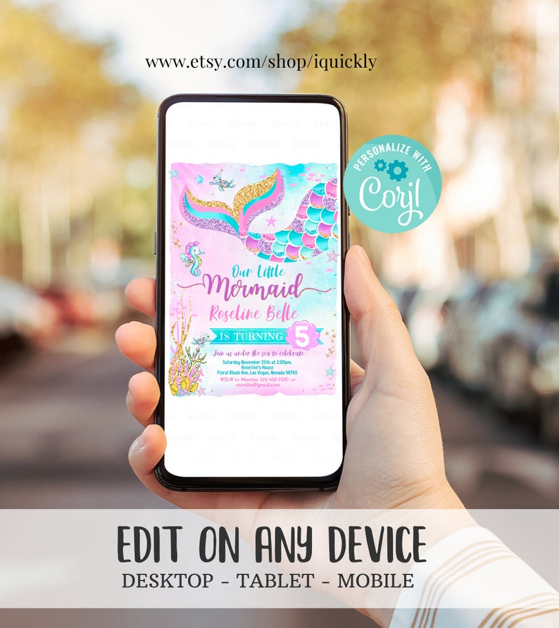 May include: A digital invitation for a mermaid-themed birthday party. The invitation features a pink, blue and green mermaid tail with gold glitter. The text reads "Our Little Mermaid Roseline Belle is turning 5".