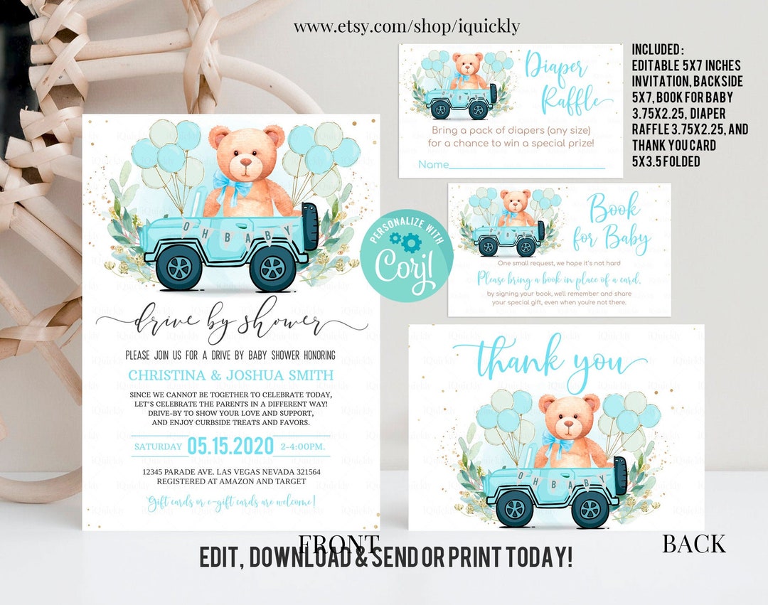 Editable Drive by Baby Shower Invitation SET Teddy Bear Drive Etsy