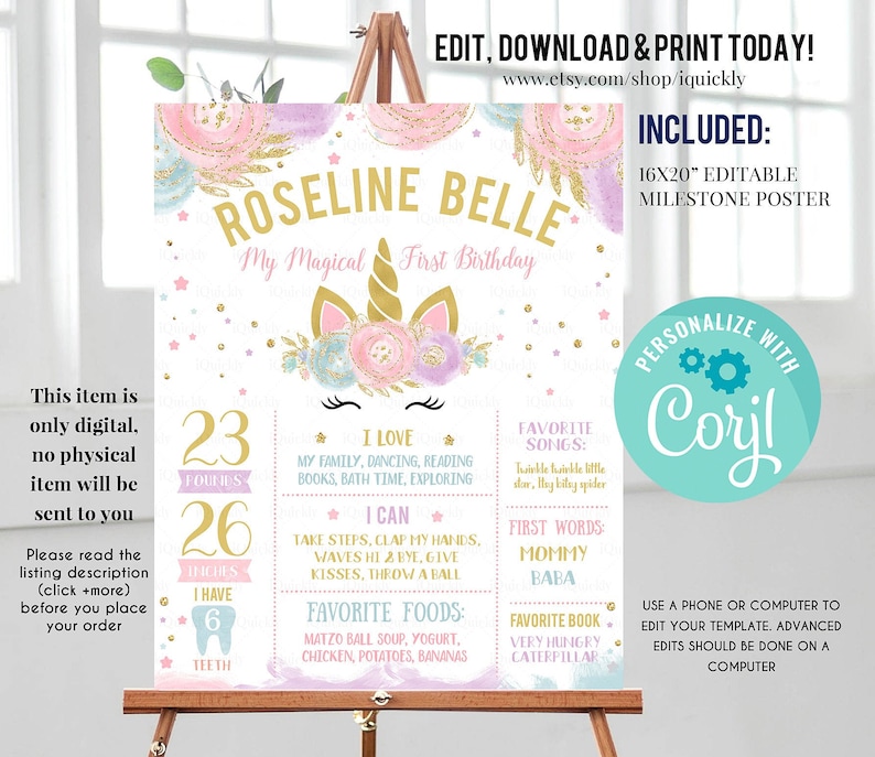 May include: A printable 16x20 inch milestone poster for a first birthday. The poster features a unicorn with a pink, purple, and blue floral crown. The poster is decorated with gold glitter and confetti. The poster includes the child's name, age, and other milestones. The poster is editable and can be personalised with the child's name and other information.