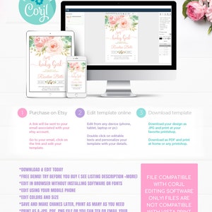 May include: A pink and green baby girl shower invitation template with a floral design. The template is editable and can be downloaded and printed. The text on the template reads "Sweet Baby Girl Roseline Belle".