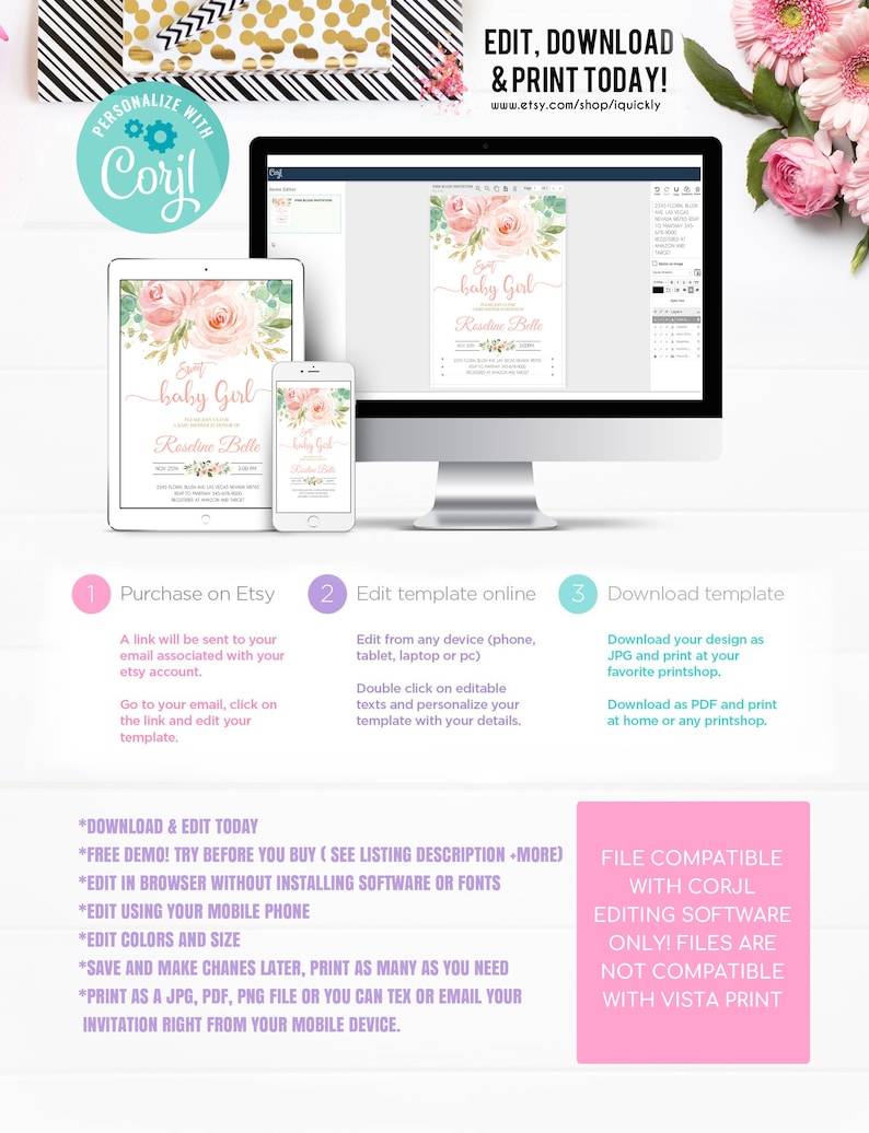 May include: A pink and green baby girl shower invitation template with a floral design. The template is editable and can be downloaded and printed. The text on the template reads "Sweet Baby Girl Roseline Belle".