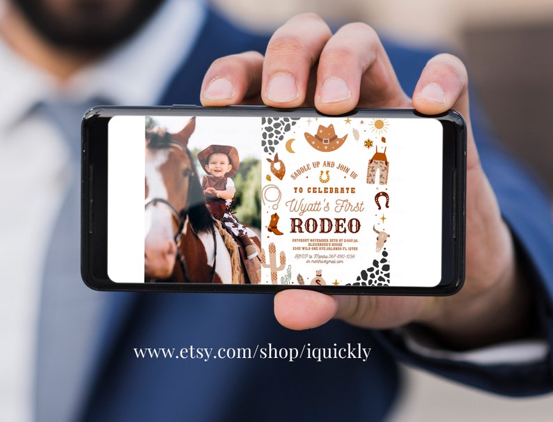 May include: A digital invitation for a first birthday rodeo party. The invitation features a photo of a child riding a horse, along with a cowboy hat, boots, and other western-themed illustrations. The text on the invitation reads "Saddle Up and Join Us to Celebrate Wyatt's First Rodeo".