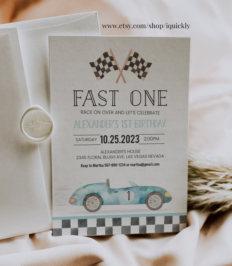 Fast One Racing Car First Birthday Invitation 1st Birthday Invitation Racing Car Vintage Racecar Invite Printable Template Instant Download imagem 4