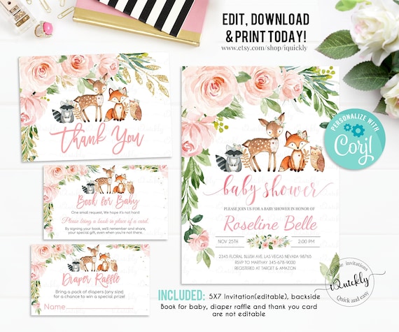 Woodland Baby Shower Invitation Set, EDITABLE Girl Pack, woodland animals invitations Package, Woodland Theme Instant download Template Il_570xn