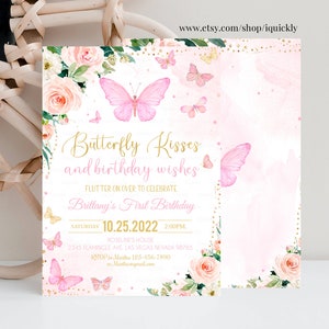 Editable Butterfly Birthday Invitation Girl 1st Birthday Invite First Butterfly Kisses Pastel Birthday Printable Template Instant download
