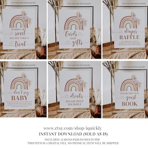 Boho Rainbow Baby Shower Table Signs, Tarjetas y Regalos, Rifa de pañales, No digas bebé, letrero de golosina, libro de visitas, Bebidas Descarga instantánea RAI001