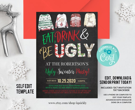 Editable Ugly Sweater Party Invitation Rustic Christmas Ugly Sweater Invitation Eat Drink And Be Ugly Sweater Party Invite Instant Download Il_570xn