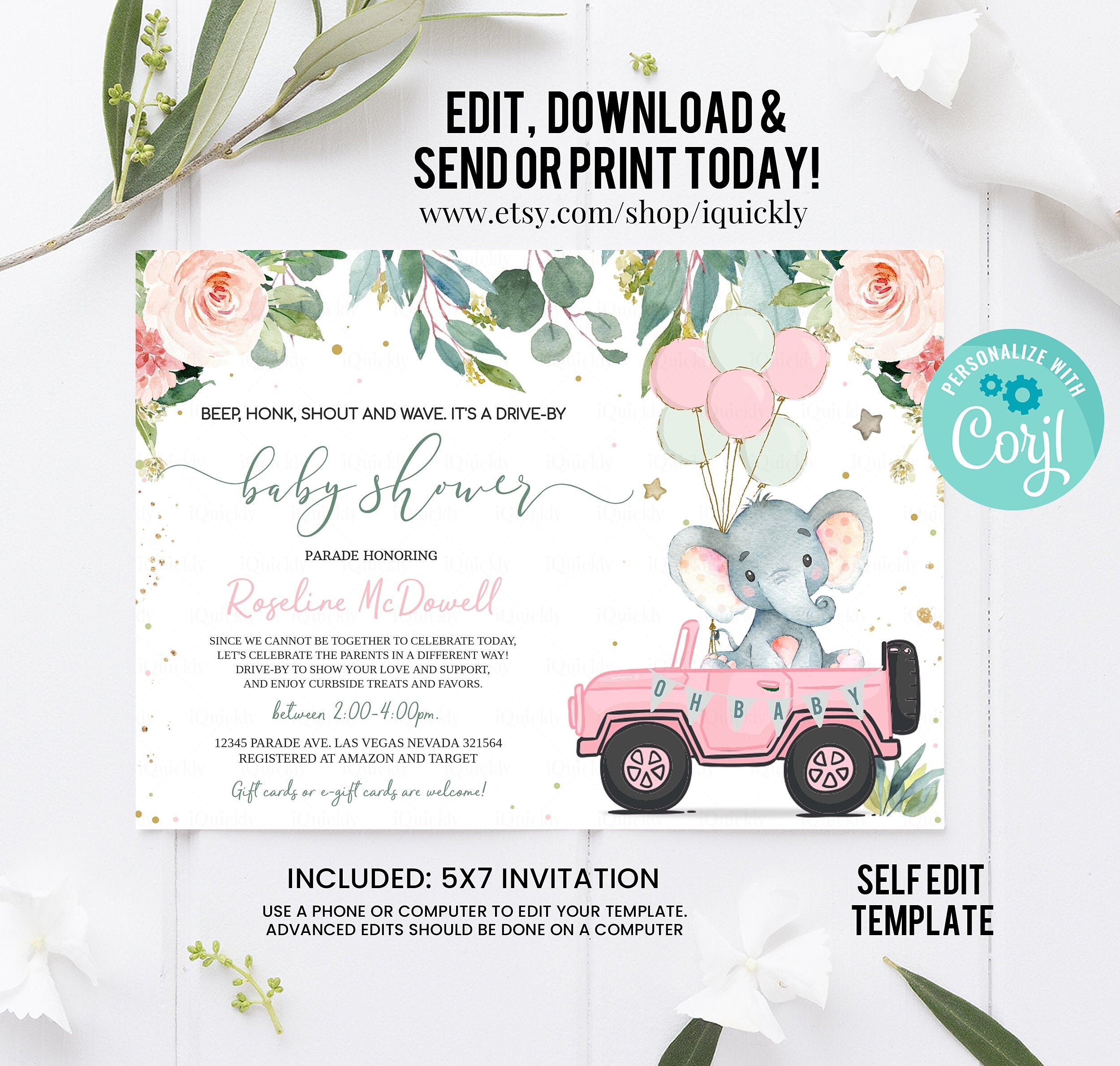 Editable Drive By Baby Shower Invitation Elephant Baby Shower Etsy