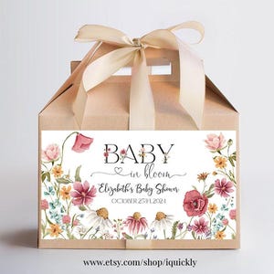 Etichetta per scatola per baby shower Baby in Bloom, modificabile, modello stampabile per bomboniere floreali di fiori selvatici, modello da scaricare in digitale
