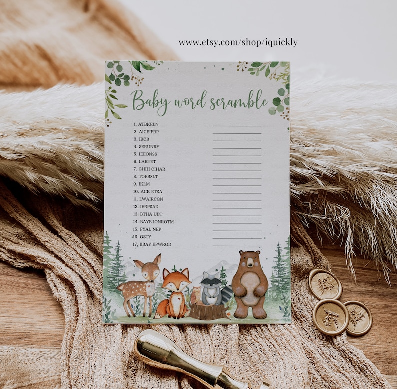 Woodland Baby Shower Games Baby Scramble Gender Neutral Woodland creatures animals Theme Template Instant download image 3