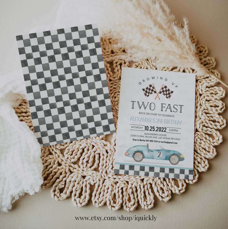 May include: A blue and white race car themed invitation for a second birthday party. The invitation says "Growing Up Two Fast" and includes the date and time of the party. The invitation is decorated with a checkered flag pattern and a blue race car.