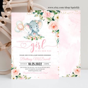 EDITABLE Elephant Baby Shower Invitation Girl Blush Pink Gold Baby Elephant Invite Printable Template Instant Download