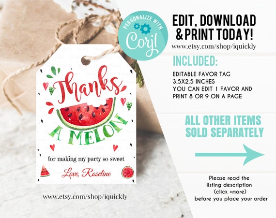 EDITABLE Watermelon favor tags, Thank you tags, Gift Tags Red One in a Melon favor Printable Template GIRL One Party favors Instant download Il_570xn