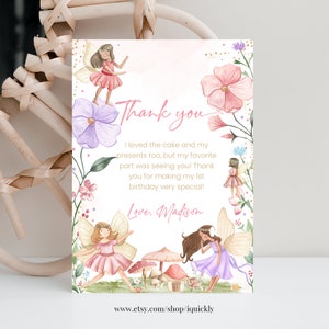 Editable Hada Gracias tarjeta Jardín Hada Floral Nota tarjeta Gracias Mariposa Mágica Plantilla Imprimible Descarga Instantánea