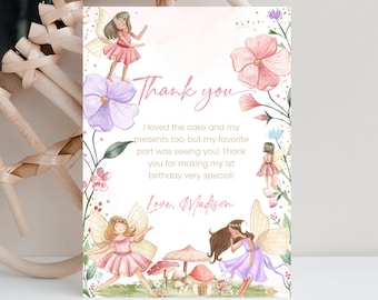 Bewerkbare Fairy Bedankkaart Garden Fairy Floral Note kaart Bedankt Butterfly Magische afdrukbare sjabloon Direct downloaden