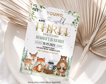 Woodland birthday invitation, Woodland 3rd birthday invitation,Young wild three Woodland Creatures Theme Template Instant download W203