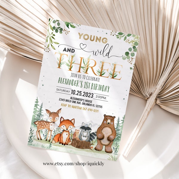 Woodland birthday invitation, Woodland 3rd birthday invitation,Young wild three Woodland Creatures Theme Template Instant download W203