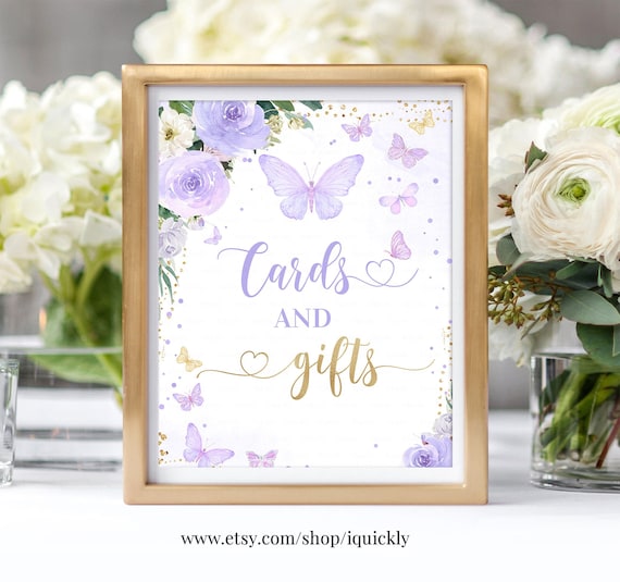 Butterfly Baby Shower Cards and Gifts Sign 8x10 Purple Butterfly Cards and Gifts Sign, Printable Sign Digital Instant Download BU102