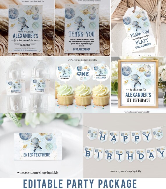 Editable Space Birthday Invitation Bundle Party 1st Birthday First Trip Around the Sun Galaxy Boy Astronaut Blast Printable Corjl Template Il_570xn
