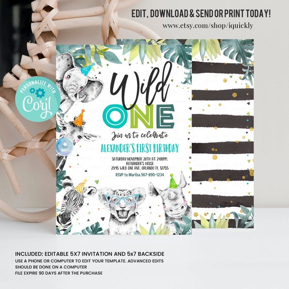 Editable Party Animals Birthday Invitation Wild One Animals Invitation Zoo  Safari Animals Boy Download Printable Invite Template Corjl by iQuickly |  Catch My Party