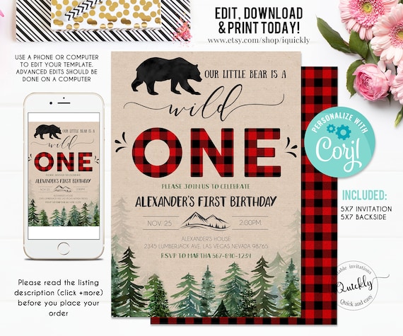 Lumberjack First Birthday Invitation EDITABLE, Wild One Boy Birthday Invitations Printable, Rustic Bear Buffalo Plaid Template download Il_570xn