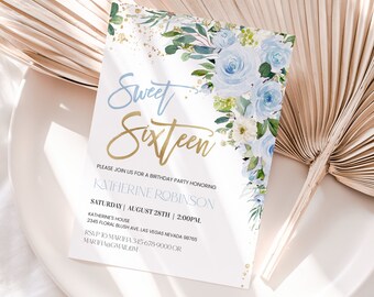 Invitación editable para fiesta de quinceañera. Invitación para fiesta de quinceañera con diseño floral azul en acuarela. Plantilla imprimible para cumpleaños número 16. Descarga digital.
