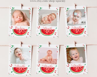 EDITABLE Watermelon Monthly Banner Photo 12 Month Printable 1st Birthday bunting banner One in a melon Template Girl Instant download WM1