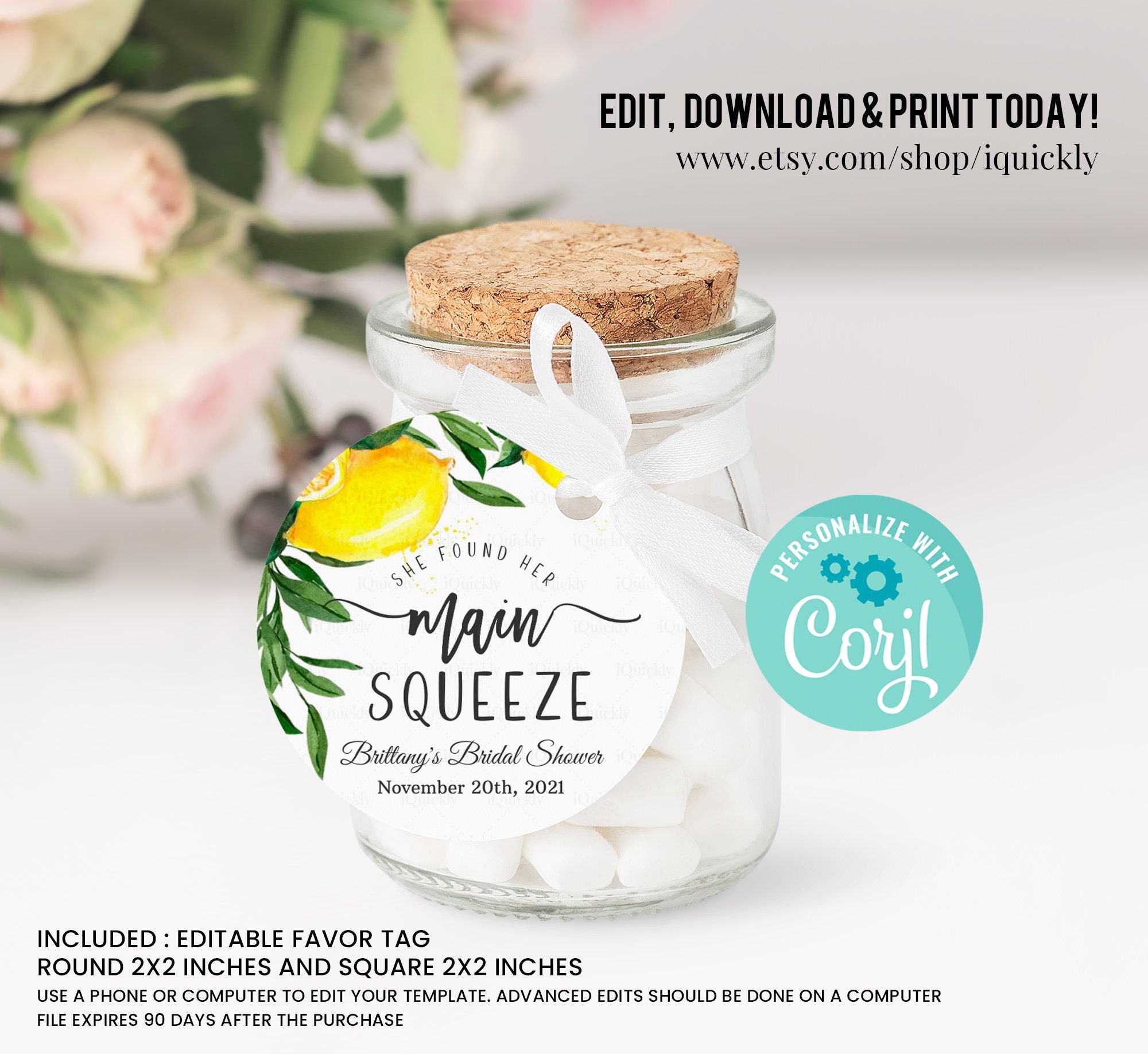 Editable She Found Her Main Squeeze Bridal Shower Favor Tags, Lemon ...