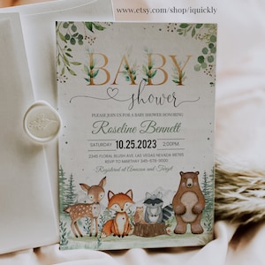 Woodland Baby Shower Invitation, EDITABLE Gender Neutral Woodland animals invitations, Woodland Theme Invites Template Instant download image 4