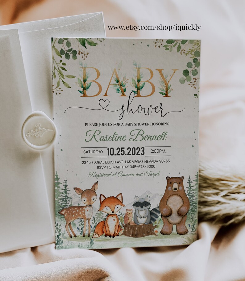 Woodland Baby Shower Invitation, EDITABLE Gender Neutral Woodland animals invitations, Woodland Theme Invites Template Instant download image 4