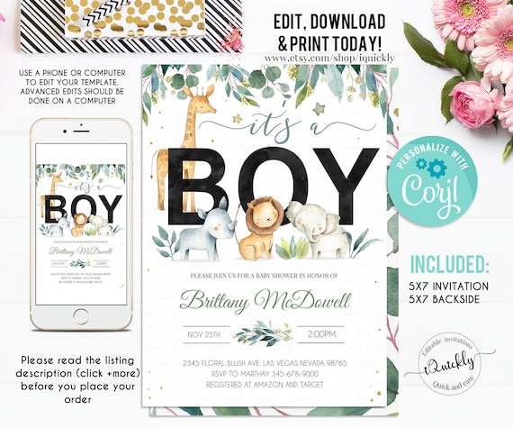 Safari Jungle Baby Shower Invitation Editable Its a boy Baby shower invites A wild one Boy Baby shower Invitations Template Instant download Il_570xn