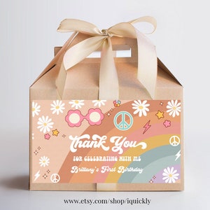 Editable Groovy Birthday Party favor Two Daisy Box Label Printables gift box labels One Hippie Retro Templates Instant download G001