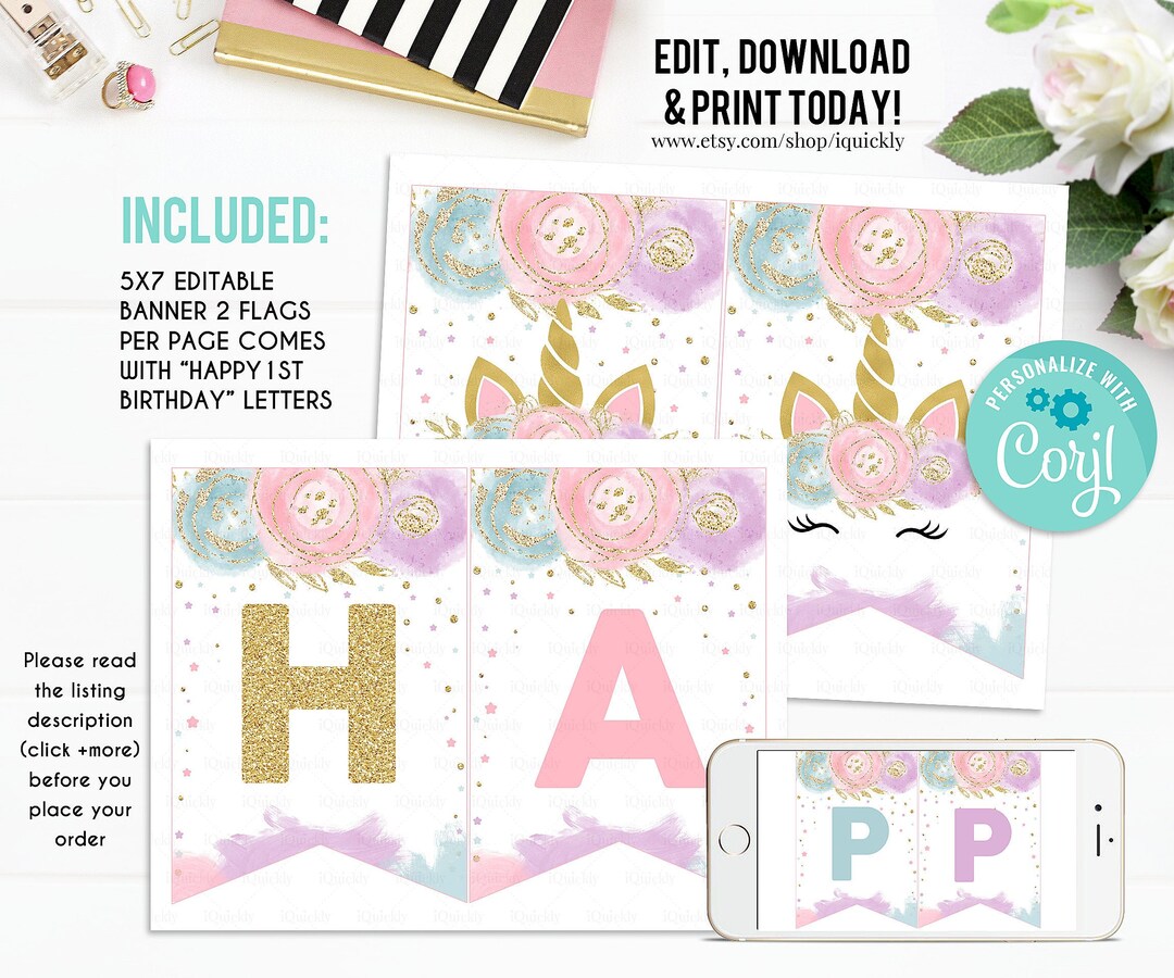 EDITABLE Unicorn Banner, Happy Birthday Banner, Printable 1st Birthday ...