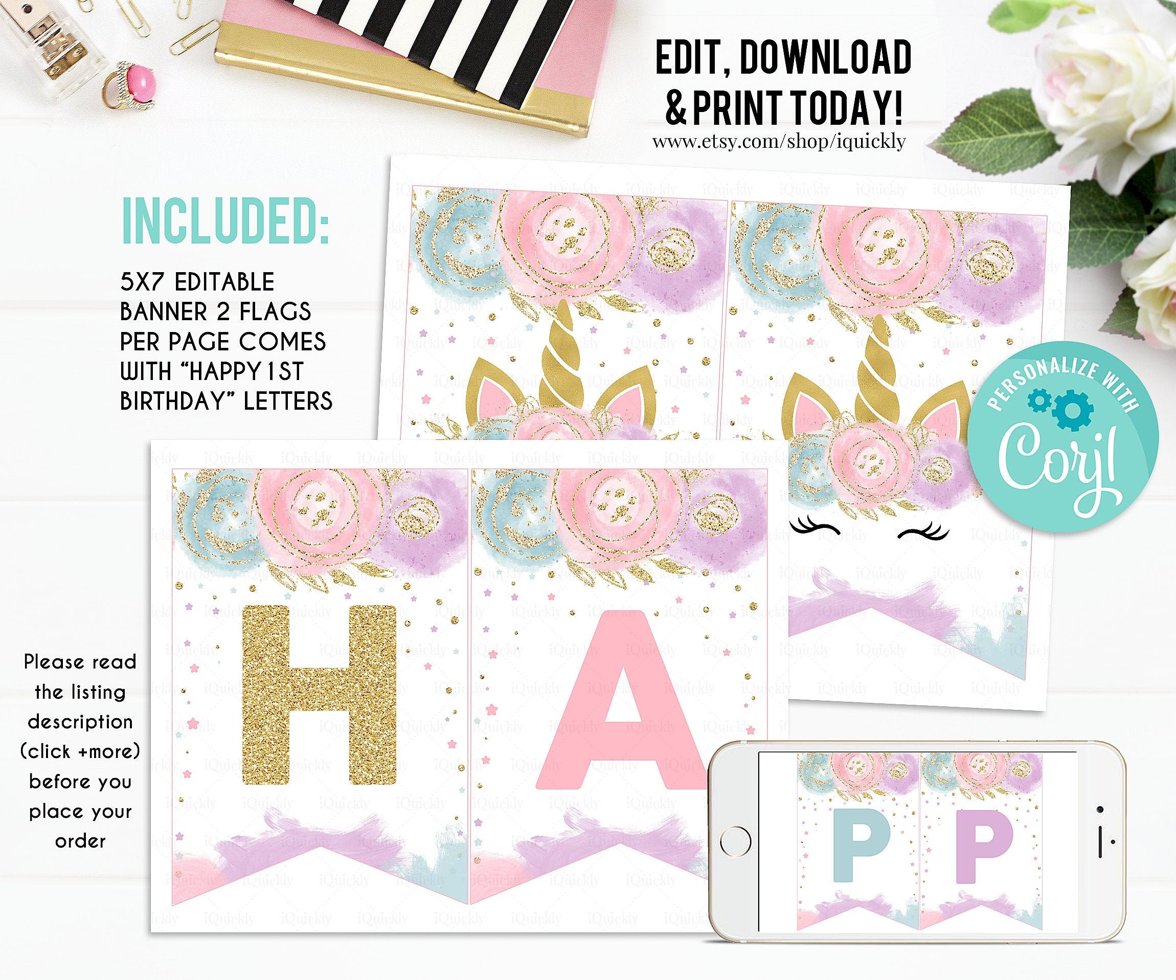 Pastel Rainbow Happy Birthday Banner Ages 1-10 Party DIY Printable INSTANT  DOWNLOAD RN01 
