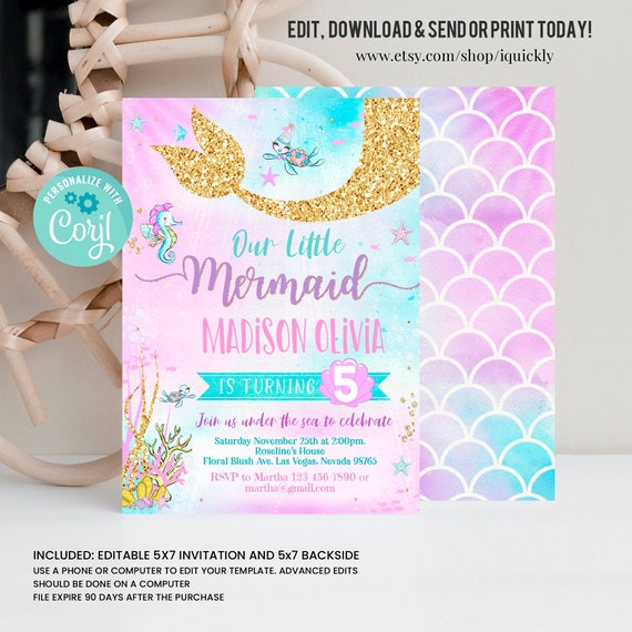 Editable Mermaid Birthday Invitation, Mermaid Invite, Under the Sea Birthday Party, Printable template Digital Instant Download Il_570xn