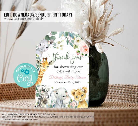 EDITABLE Safari Favor tags, Girl Wild One Baby Shower Thank you tags, Gold Jungle Animals Gift tag, Printable template Instant Download Il_570xn