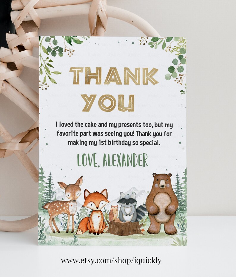 Editable Woodland Thank You Card, Woodland Theme First Birthday Note ...